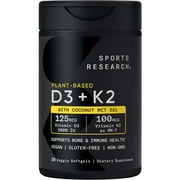 Sports Research Vitamin D3 + K2 with 5000iu of Plant-Based D3 & 100mcg of Vitamin K2 as MK-7 | Non-GMO Verified & Vegan Certified (30ct)