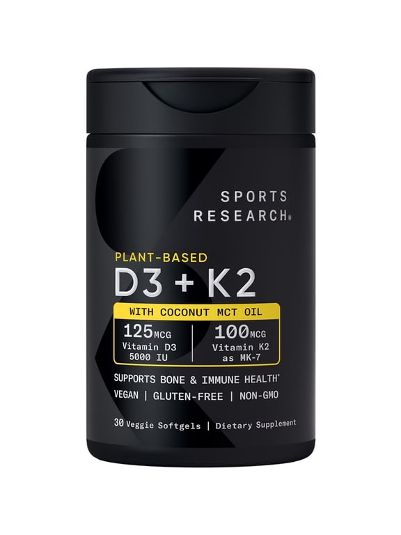 Vitamin D3 + K2 with 5000iu of Plant-Based D3 & 100mcg of Vitamin K2 as MK-7 | Non-GMO Verified & Vegan Certified (30ct)