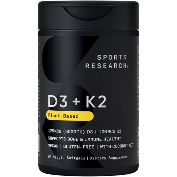 Sports Research® Vitamin D3 K2 - 5000iu of Vegan D3 & 100mcg of Vitamin K2 as MK7 - (60 Softgels)