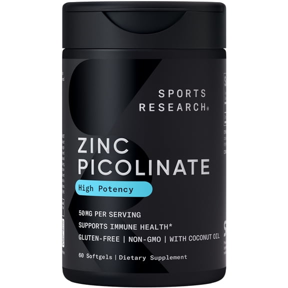 Sports Research Zinc Picolinate 50mg with Organic Coconut Oil Highly Absorbable Zinc Supplement (60 Softgels)