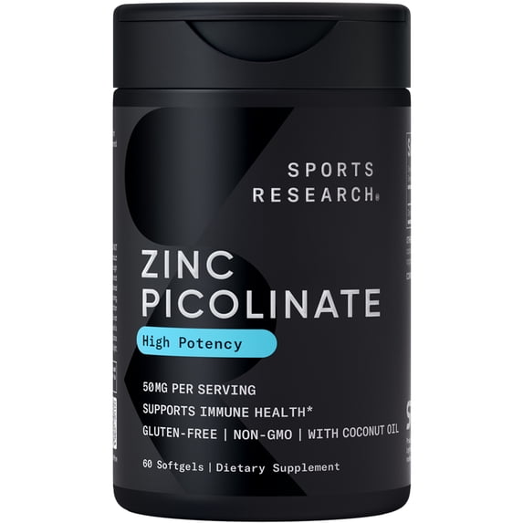 Sports Research® Zinc Picolinate 50mg with Organic Coconut Oil Highly Absorbable Zinc Supplement (60 Softgels)
