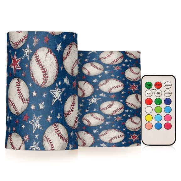 Sports Retro Baseball Flickering Flameless Candles Battery Operated with Remote Timer LED Pillar Candles Set of 2