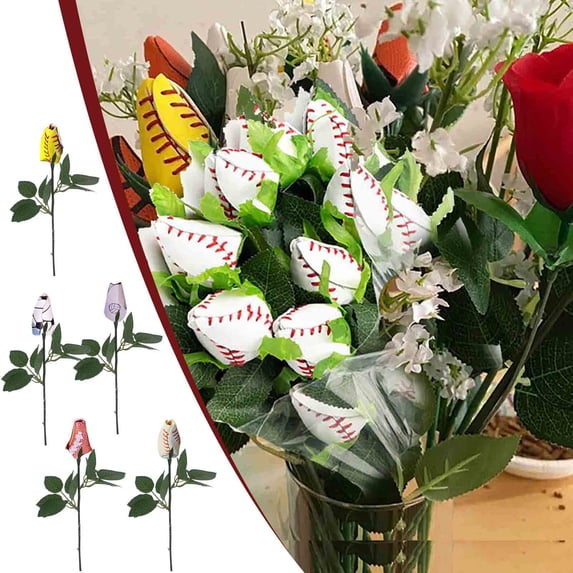 Sports Rose Decor, Baseball Style Artificial Flower, Realistic Forever Rose Ornament, Unique Keepsake Gift for Graduation, Wedding, Housewarming, Sports Fans & Special Occasions