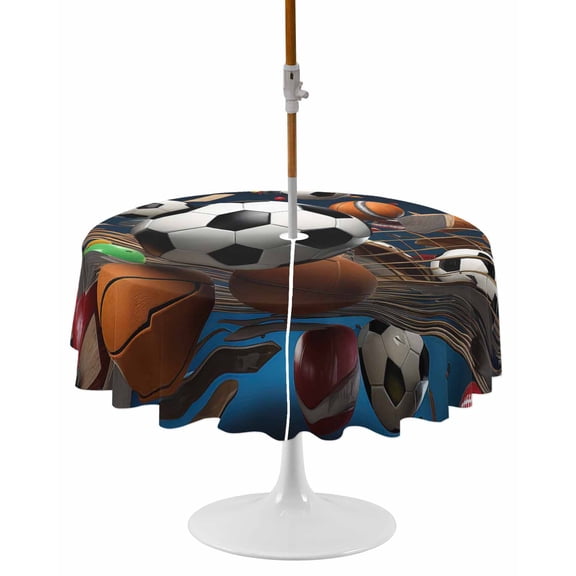 Sports Round Outdoor Tablecloth, Waterproof Table Cloth Cover with Umbrella Hole and Zipper, Football Basketball Baseball Ball Games Table Protector for Patio Party Picnic 60" Round