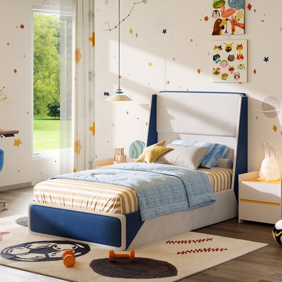 Sports Series Soft Bed Frame, Velvet Twin Size Bed Frame for Kids, Twin Bed Boys Bed with High Headboard and Sturdy Platform Bed, Upholstered Soft Bedframe, No Box Spring Needed, White+Blue