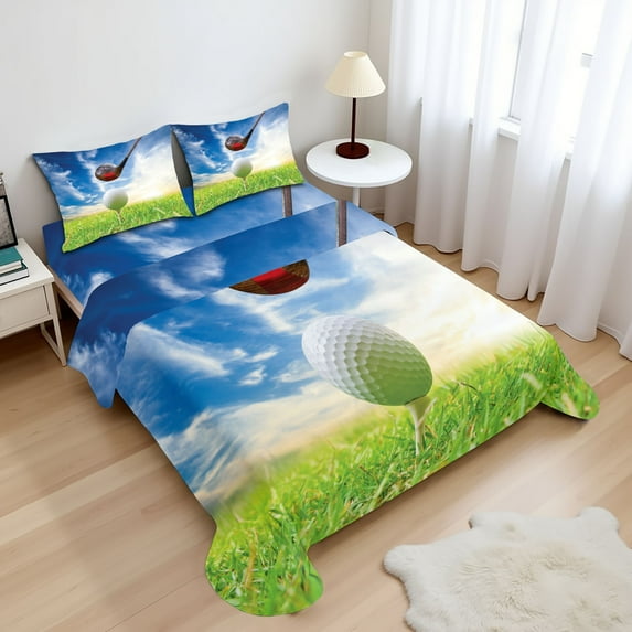 Ambesonne Sports Fitted & Top Sheet Set with Shams, Golf Club and Ball, Green Blue