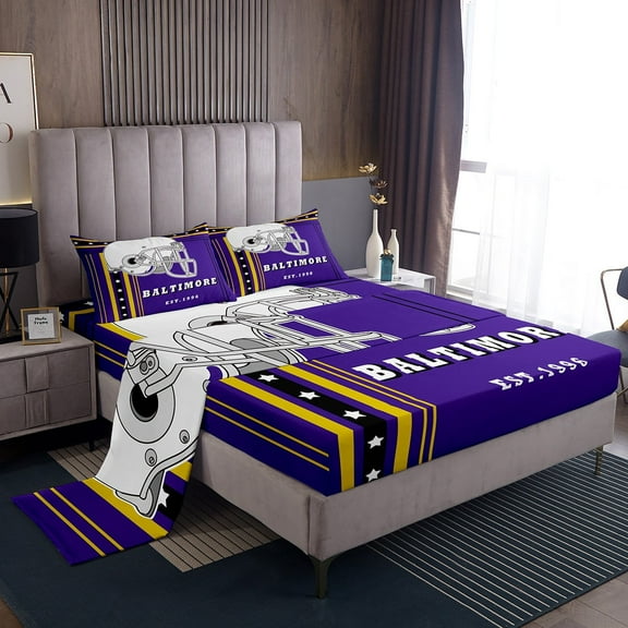 Sports Sheets American Football City King Bed Sheets Set, 3D Helmet Sheet Set Youth Bedroom, Purple Black Yellow Bedding Set - 1 Fitted Sheet 1 Top Sheet 2 Pillowcases (Baltimore)