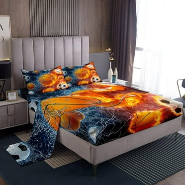 Sports Sheets Twin,Baseball Soccer Football Basketball Bed Sheet Set Sports Gaming Bedding Set Teens Men,Red Blue Ice Fire Lightning Fitted Sheet & Flat Sheet 3 Pcs