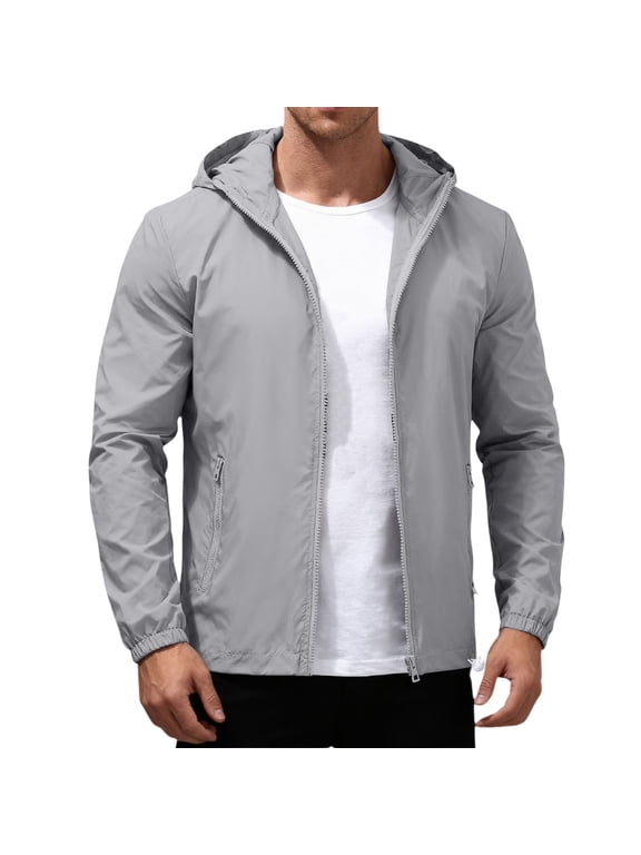 Sports Shell Jackets for Men Full Zip Up Hooded Windbreaker Jacket Summer Sunscreen Light Classic Coats with Pocket Gray 3XL