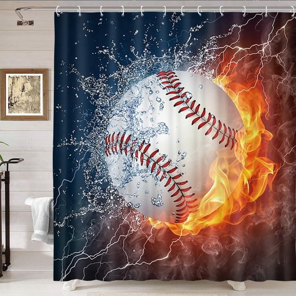 Sports Shower Curtain, Baseball on Fire and Water Flame Splashing Lightning Abstract Art, 72 x 72 Inches Polyester Fabric Mens Boys Teen Bathroom Decor Set with 12 Hooks