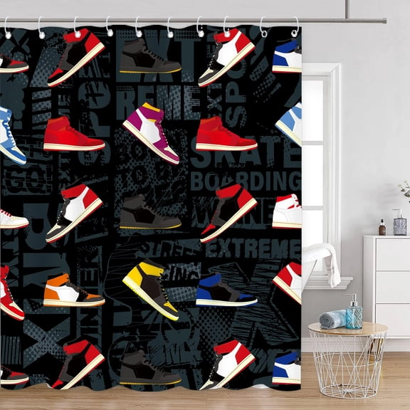 Sports Shower Curtain Basketball and Water Splashing Thunder Lightning Themed Design Cloth Fabric Bathroom Decor with 12