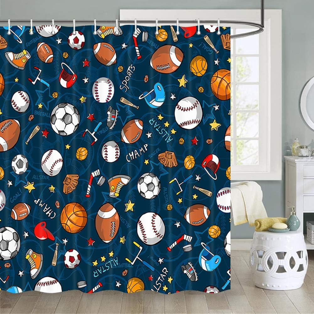 Sports Shower Curtain for Kids Children Teens, Basketball Football Baseball Hockey Star Blue Shower Curtain Sports Bathroom Decor, Fabric Baseball Shower Curtain Set with Hooks (72X84), Blue