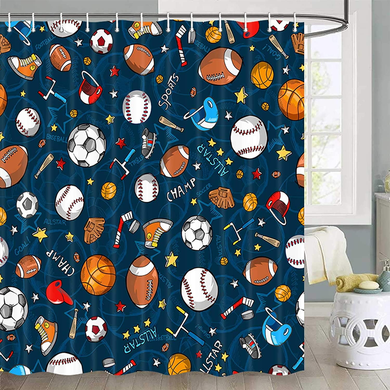 Sports Shower Curtain for Kids Children Teens, Basketball Football Baseball Hockey Star Blue Shower Curtain Sports Bathroom Decor, Fabric Baseball Shower Curtain Set with Hooks Dark Blue(72X72)