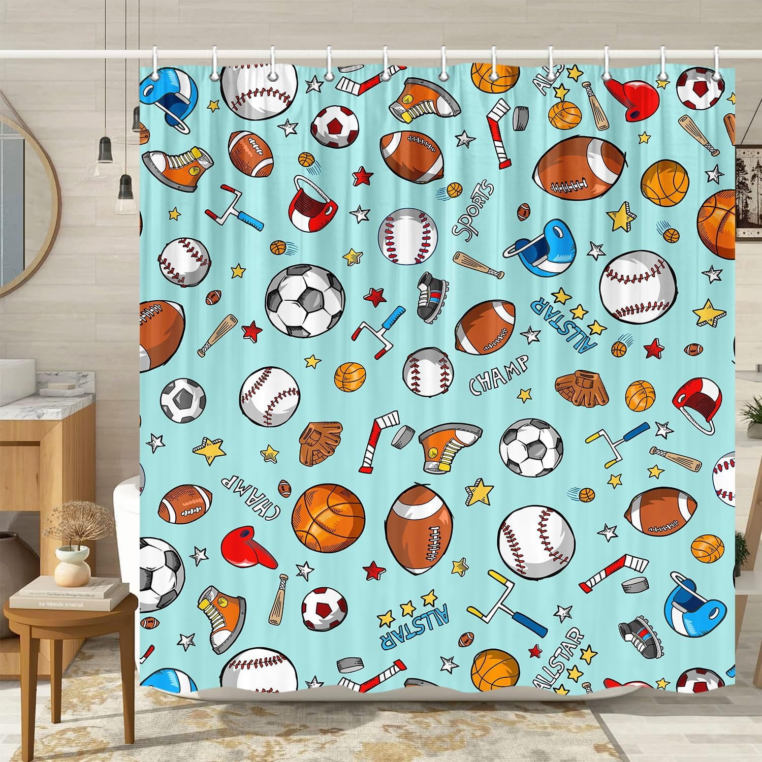 Sports Shower Curtain for Kids Children Teens, Basketball Football Baseball Hockey Star Teal Shower Curtain Sports Bathroom Decor, Fabric Baseball Shower Curtain Set with Hooks (72X84), Teal