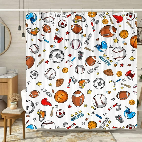 Sports Shower Curtain for Kids Children Teens, Basketball Football Baseball Hockey Star White Shower Curtain Sports Bathroom Decor, Fabric Baseball Shower Curtain Set with Hooks (72X84), White