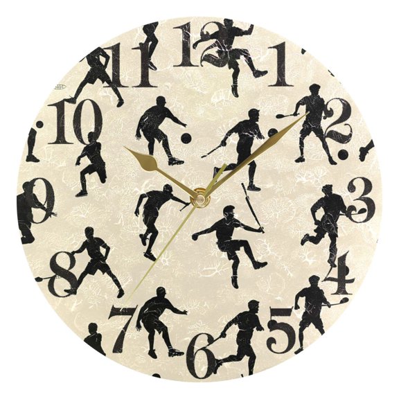 Sports Silhouettes Round Wall Clock Battery Operated Silent Non-Ticking Bedroom Office Kitchen Home School Decor 10"(Gold)