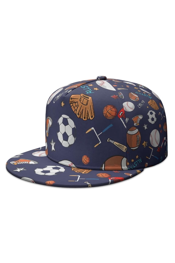 Sports Snapback Hat - Flat Brim Baseball Cap for Boys, Girls, Teens - Adjustable Streetwear Cap with Full Panel Print