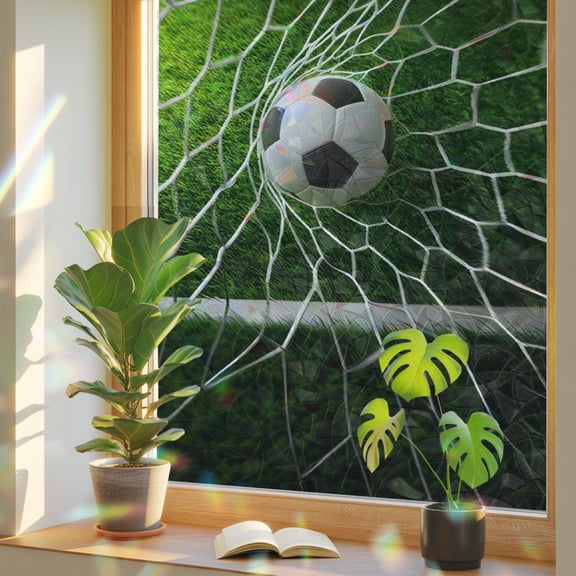 Sports Soccer Ball Window Privacy Film, Rainbow Film Decorative Window Sticker 17.7x39.3in, Goal Net Green Grass Sun Blocking Static Stained Glass Cling Tint Non-Adhesive