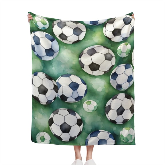 Sports Soccer Balls Pattern Green Blue Watercolor Sport Ball Soccerballs Design Lightweight 50x60 Throw Blanket for Sofas, Home Decor, Travel, Lounging