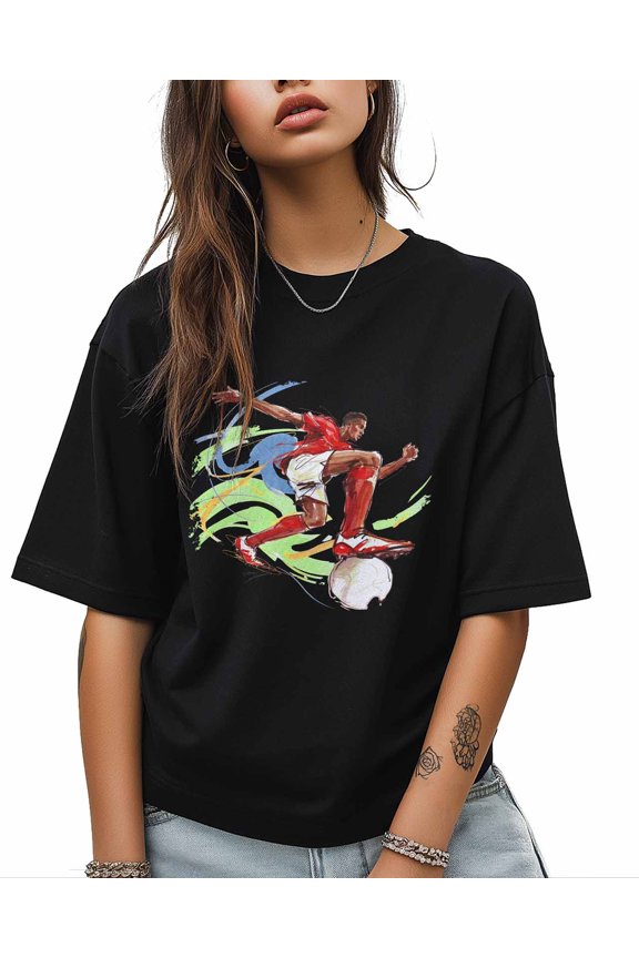 Sports Soccer T Shirts for Women Short Sleeve Cotton Crewneck T-Shirt Flying Kick Tee Tops Casual Basic T-Shirts, XS-5XL Black XS