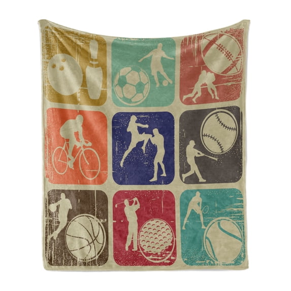 Sports Soft Flannel Fleece Blanket, Assorted Sports Banners Vintage Grunge Effect Tennis Soccer Bowling Sports Pub Theme, Cozy Plush for Indoor and Outdoor Use, 60" x 80", Multicolor, by Ambesonne