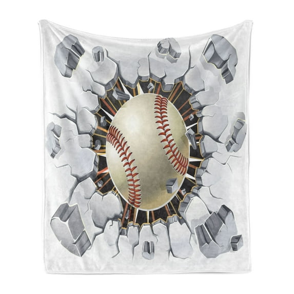 Sports Soft Flannel Fleece Blanket, Baseball and Old Plaster Concrete Wall Damage Illustration Competition, Cozy Plush for Indoor and Outdoor Use, 70" x 90", Ivory Pale Grey Orange, by Ambesonne