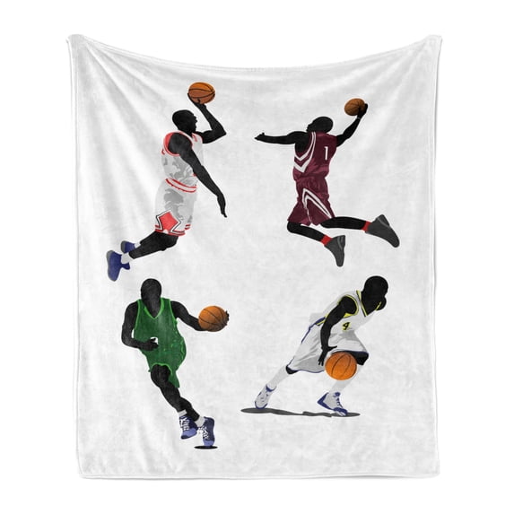 Sports Soft Flannel Fleece Blanket, Basketball Players Dribbling Dunking Floater Vibrant Colored Uniforms Sportsmanship, Cozy Plush for Indoor and Outdoor Use, 60" x 80", Multicolor, by Ambesonne