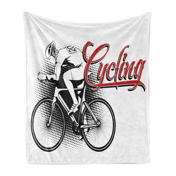 Sports Soft Flannel Fleece Blanket, Cycling Man Illustration Dotted Setting Biking Athletics Human Powered Vehicle, Cozy Plush for Indoor and Outdoor Use, 50" x 70", Black White Red, by Ambesonne