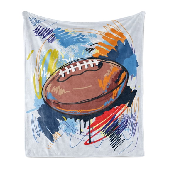 Sports Soft Flannel Fleece Blanket, Diamond Shape Rugby Ball Sketch with Colorful Doodles Professional Equipment League, Cozy Plush for Indoor and Outdoor Use, 60" x 80", Multicolor, by Ambesonne