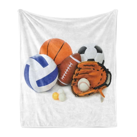 Sports Soft Flannel Fleece Blanket, Many Different Sports Balls All Together Championship Ping Pong Volleyball Olympics, Cozy Plush for Indoor and Outdoor Use, 70" x 90", Multicolor, by Ambesonne