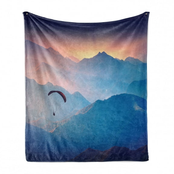 Sports Soft Flannel Fleece Blanket, Paraglide Flying over Majestic Mountains Morning Valley Sunrise Sports Freedom Theme, Cozy Plush for Indoor and Outdoor Use, 50" x 60", Blue Pink, by Ambesonne