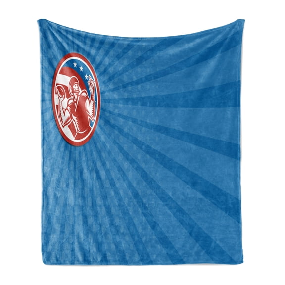 Sports Soft Flannel Fleece Blanket, Pop Art Gridiron with Old Fashioned Visual Properties Throwing Man Print, Cozy Plush for Indoor and Outdoor Use, 50" x 60", Orange Blue Azure Blue, by Ambesonne