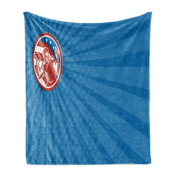 Sports Soft Flannel Fleece Blanket, Pop Art Gridiron with Old Fashioned Visual Properties Throwing Man Print, Cozy Plush for Indoor and Outdoor Use, 50" x 70", Orange Blue Azure Blue, by Ambesonne