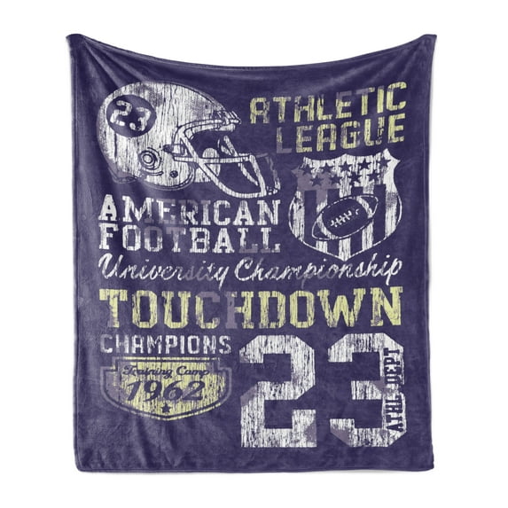Sports Soft Flannel Fleece Blanket, Retro Style American Football College Theme Illustration Athletic Championship Apparel, Cozy Plush for Indoor and Outdoor Use, 60" x 80", Purple, by Ambesonne