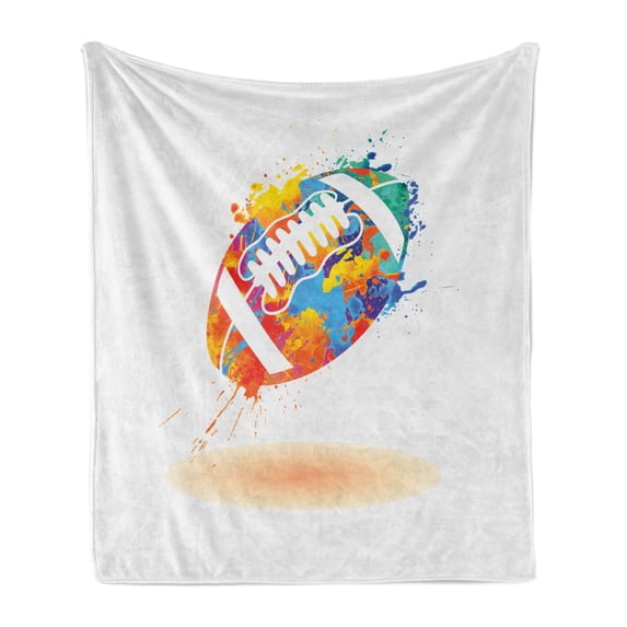Sports Soft Flannel Fleece Blanket, Rugby Ball with Rainbow Brush Effects Filled Covered with Colors Sports Sign Leisure, Cozy Plush for Indoor and Outdoor Use, 60" x 80", Multicolor, by Ambesonne