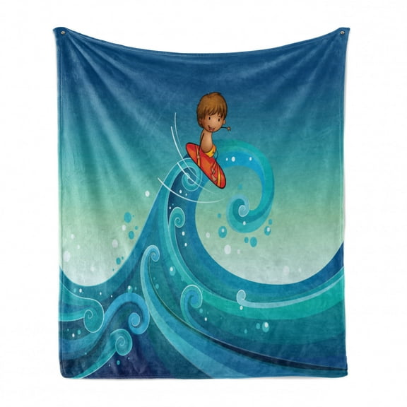 Sports Soft Flannel Fleece Blanket, Surfing Baby in Giant Waves of the Sea Hobby Boy Little Champion Theme Print, Cozy Plush for Indoor and Outdoor Use, 70" x 90", Turquoise and Blue, by Ambesonne
