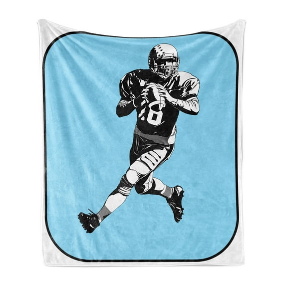 Sports Soft Flannel Fleece Throw Blanket, American Football League Game Rugby Player Run Original Retro Illustration, Cozy Plush for Indoor and Outdoor Use, 60" x 80", Blue Black White, by Ambesonne