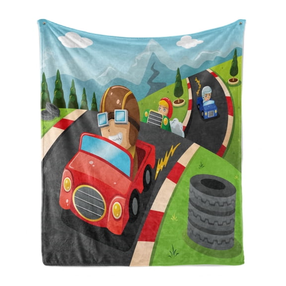 Sports Soft Flannel Fleece Throw Blanket, Automobile Racing Boys on Highway Formula Car on the Road Youth Team Hobby Print, Cozy Plush for Indoor and Outdoor Use, 50" x 60", Multicolor, by Ambesonne