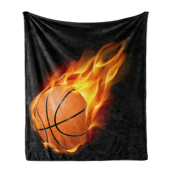 Sports Soft Flannel Fleece Throw Blanket, Basketball Lover Ball Speed Shoot Hoops Kids Sporty Fun Art Print, Cozy Plush for Indoor and Outdoor Use, 50" x 60", Orange Black, by Ambesonne