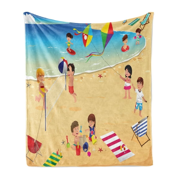 Sports Soft Flannel Fleece Throw Blanket, Beach Volleyball Little Kids Playing by the Sea Summer Baby Holiday Nursery, Cozy Plush for Indoor and Outdoor Use, 50" x 70", Multicolor, by Ambesonne