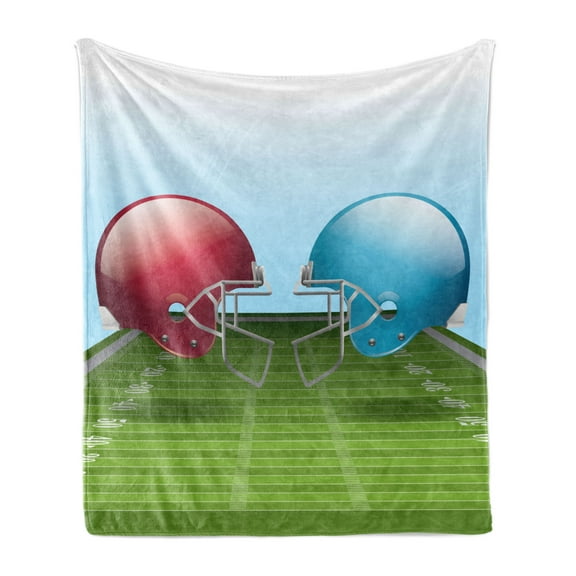 Sports Soft Flannel Fleece Throw Blanket, Cartoon of American Football Hardhats on Stadium, Cozy Plush for Indoor and Outdoor Use, 60" x 80", Coral Sky Blue, by Ambesonne