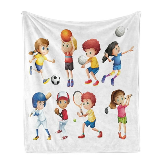 Sports Soft Flannel Fleece Throw Blanket, Children Playing Soccer Baseball Basketball Volleyball Golf Tennis Hobby Theme, Cozy Plush for Indoor and Outdoor Use, 50" x 60", Multicolor, by Ambesonne
