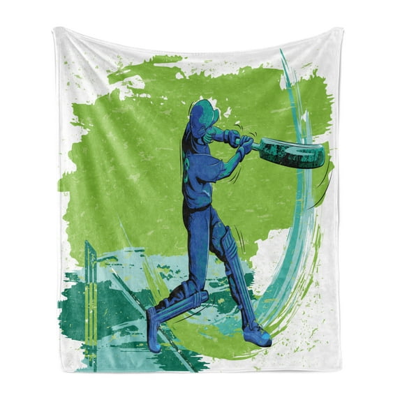 Sports Soft Flannel Fleece Throw Blanket, Cricket Player Pitching Win Game Champion Team Paintbrush Effect, Cozy Plush for Indoor and Outdoor Use, 70" x 90", Lime Green Turquoise, by Ambesonne