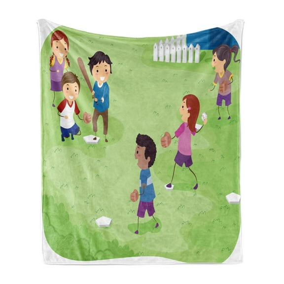 Sports Soft Flannel Fleece Throw Blanket, Friends at Backyard Playing Baseball Joyful Childhood Days Cartoon Style Print, Cozy Plush for Indoor and Outdoor Use, 50" x 70", Multicolor, by Ambesonne