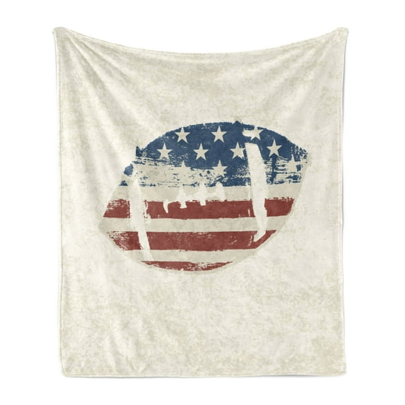 Sports Soft Flannel Fleece Throw Blanket, Grunge American Flag Themed Stitched Rugby Ball Vintage Design Football Theme, Cozy Plush for Indoor and Outdoor Use, 50" x 60", Cream Blue Red, by Ambesonne