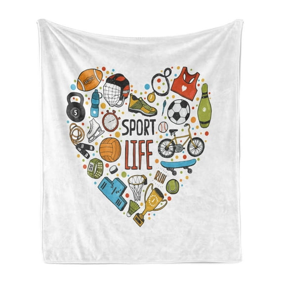 Sports Soft Flannel Fleece Throw Blanket, Heart with Sports Swimming Skating Muscle Lifestyle Healthy Living, Cozy Plush for Indoor and Outdoor Use, 70" x 90", Multicolor, by Ambesonne