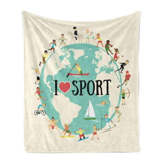 Sports Soft Flannel Fleece Throw Blanket, I Love Sports Words on Earth Globe Surrounded by Gymnastic Athlete Children, Cozy Plush for Indoor and Outdoor Use, 60" x 80", Multicolor, by Ambesonne