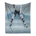 thumbnail image 1 of Sports Soft Flannel Fleece Throw Blanket, Ice Hockey Player with Stick and Puck Mountain Background Canadian, Cozy Plush for Indoor and Outdoor Use, 50" x 60", Charcoal Grey White, by Ambesonne, 1 of 6