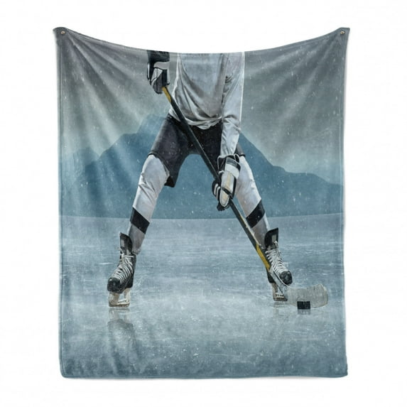 Sports Soft Flannel Fleece Throw Blanket, Ice Hockey Player with Stick and Puck Mountain Background Canadian, Cozy Plush for Indoor and Outdoor Use, 70" x 90", Charcoal Grey White, by Ambesonne