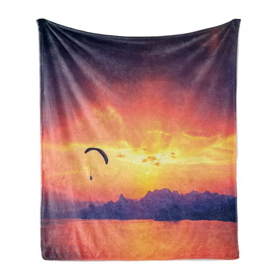 Sports Soft Flannel Fleece Throw Blanket, Paragliding Silhouette over Sea at Sunset with Reflection of Sun Epic Ocean Scenery, Cozy Plush for Indoor and Outdoor Use, 60" x 80", Orange, by Ambesonne